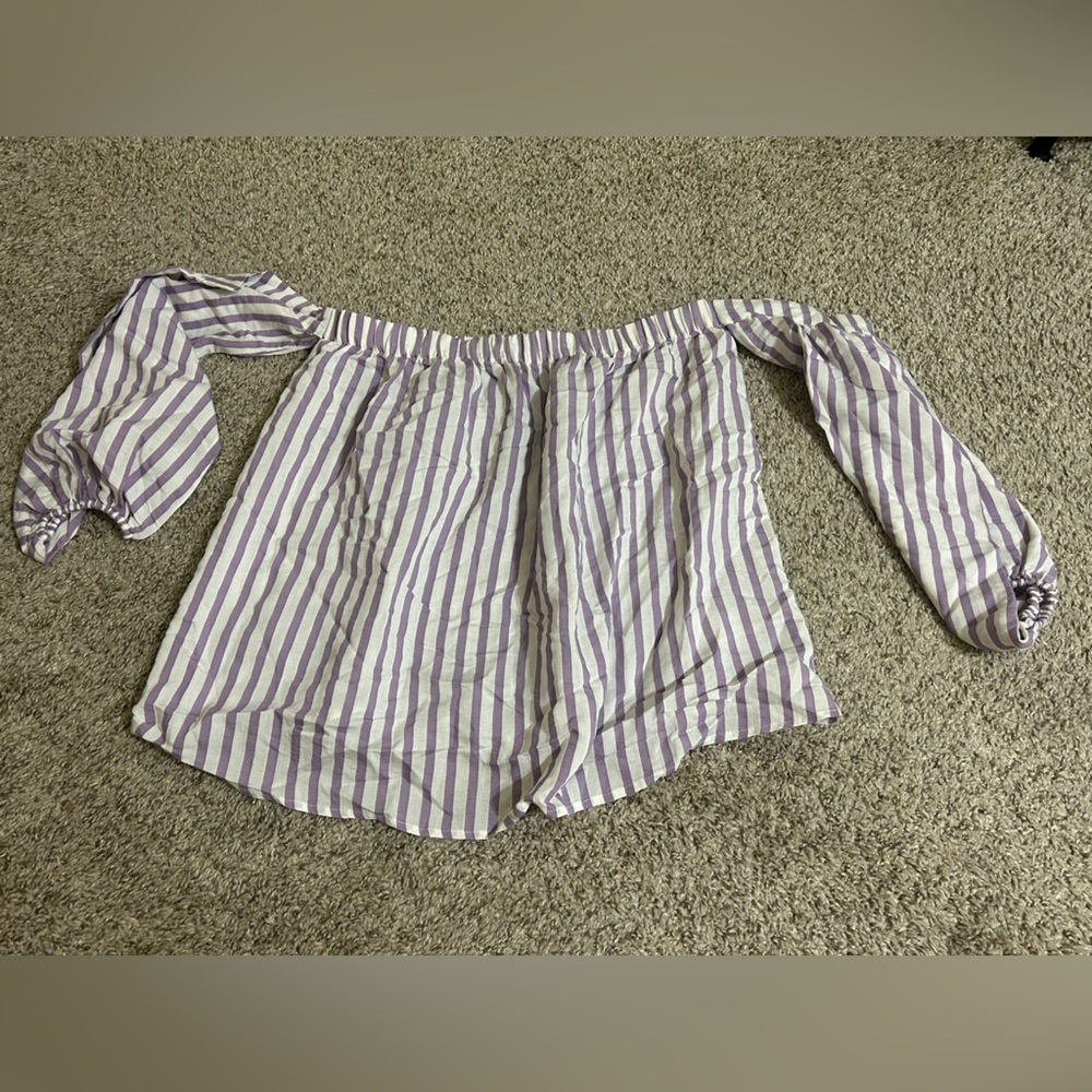 NWT Express Striped Off The Shoulder Balloon Sleeve Top Purple Sz M Lightweight